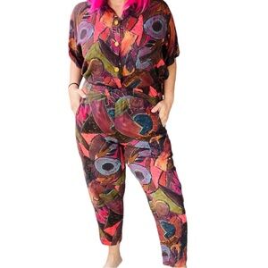 Vintage 80s rayon two-piece geometric, art deco, colorful print set size medium